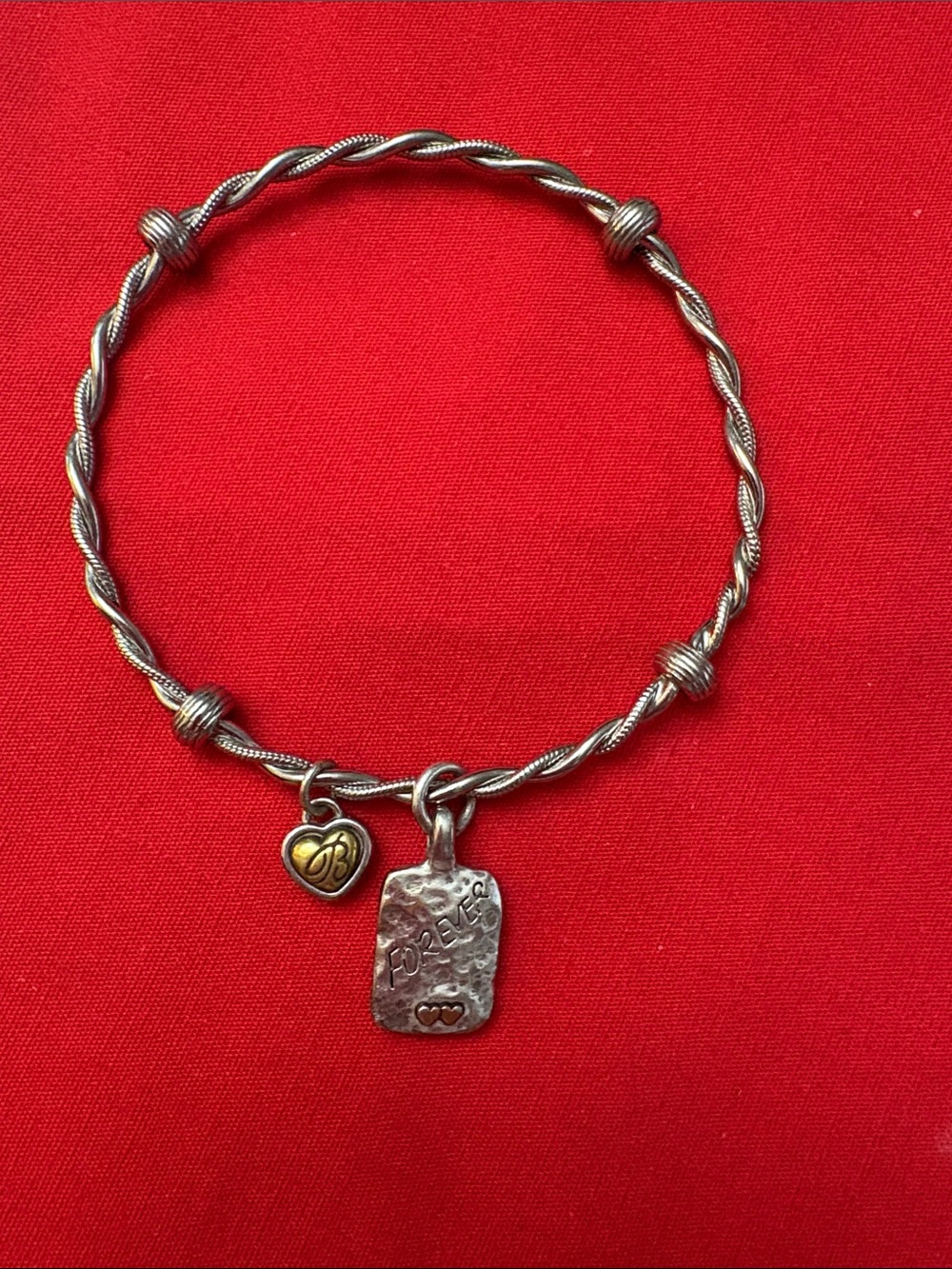 Brighton Silver-Tone Twisted Bangle Bracelet with Heart and “Forever”
